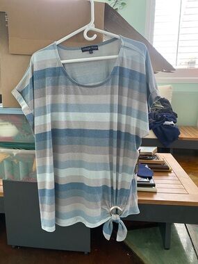 Vintage Rose Blue Stripe Short-Sleeve Tie-Hem Top